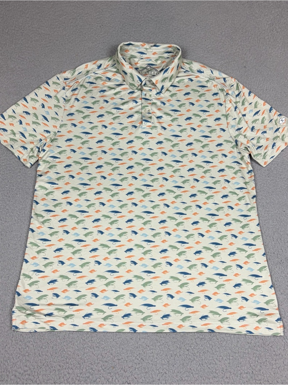 BURLEBO Polo Cream with Blue, Green, and Orange Stretch Fly Fishing Lures Print